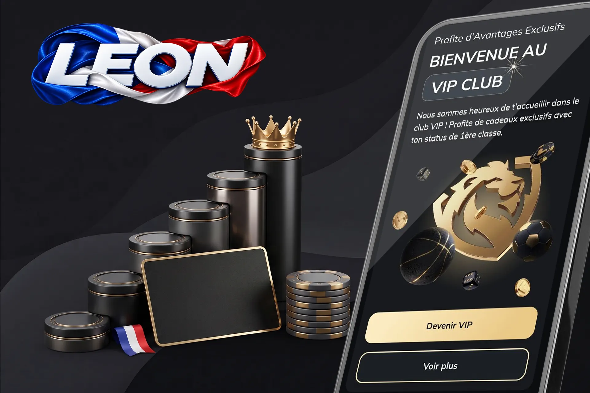 Avantages exclusifs du club VIP et programme de fidélité sur Leon Casino, illustrés par une couronne dorée sur un podium et des jetons noirs
