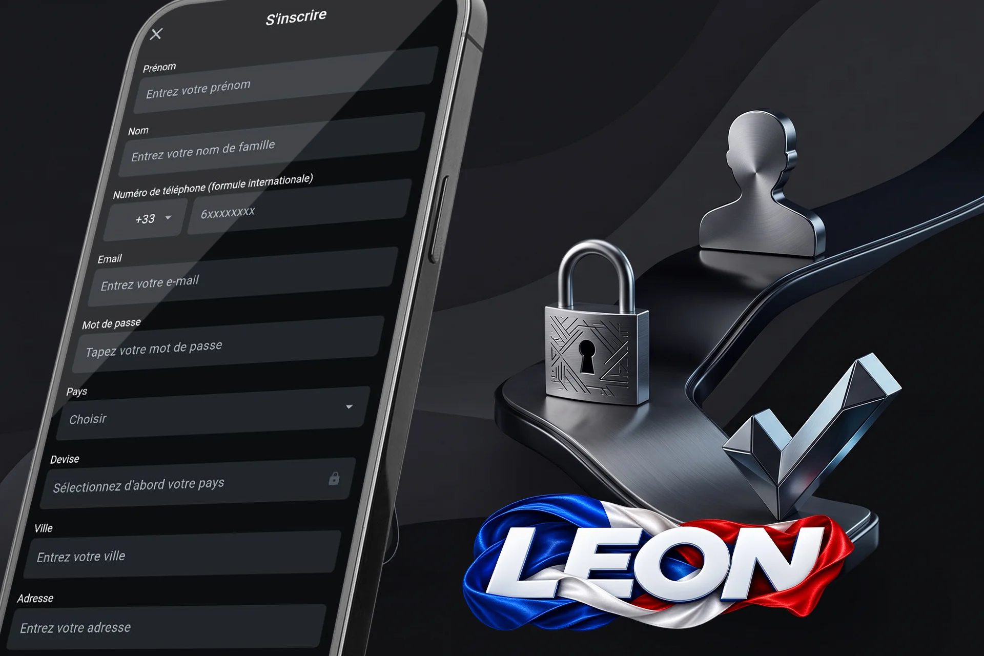 Formulaire d'inscription sécurisé étape par étape sur smartphone, accompagné d'un cadenas de protection et d'une icône de validation