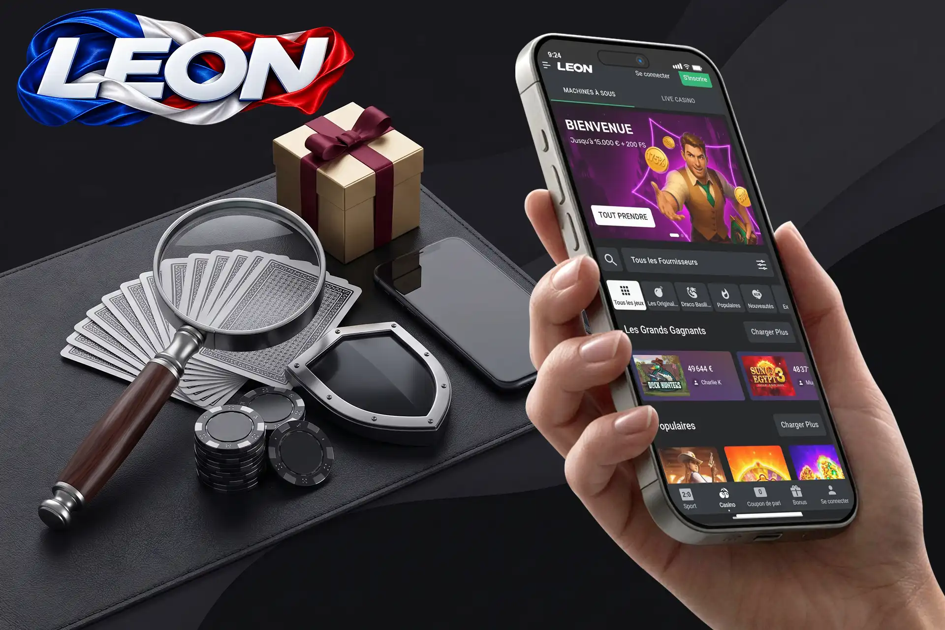 Processus d'évaluation et de test de l'application mobile Leon Casino, symbolisé par une loupe examinant des cartes à jouer et un bouclier noir