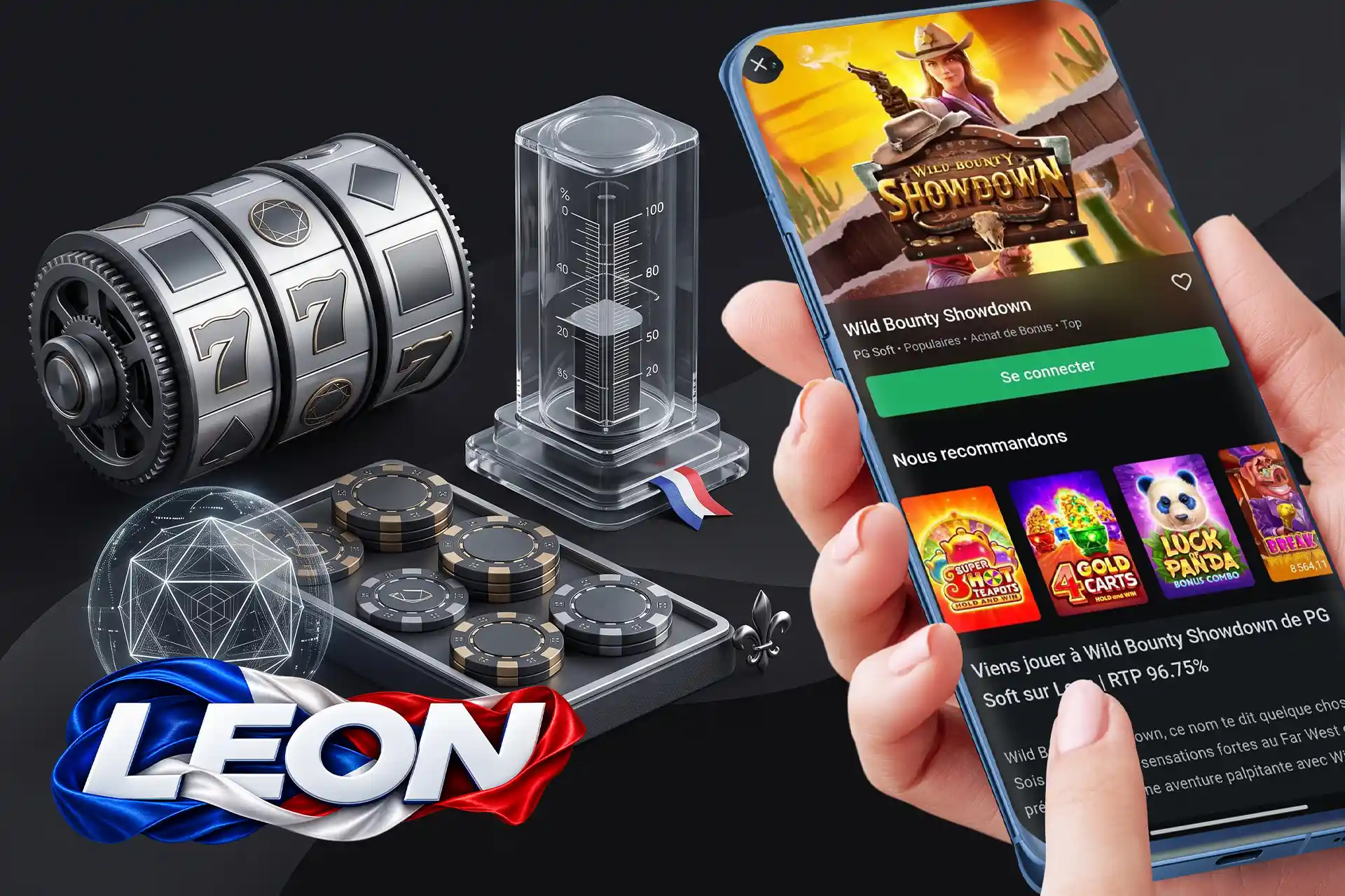 Aperçu du taux de retour aux joueurs (RTP) et des paiements rapides sur mobile, avec des rouleaux de machine à sous et des jetons noirs