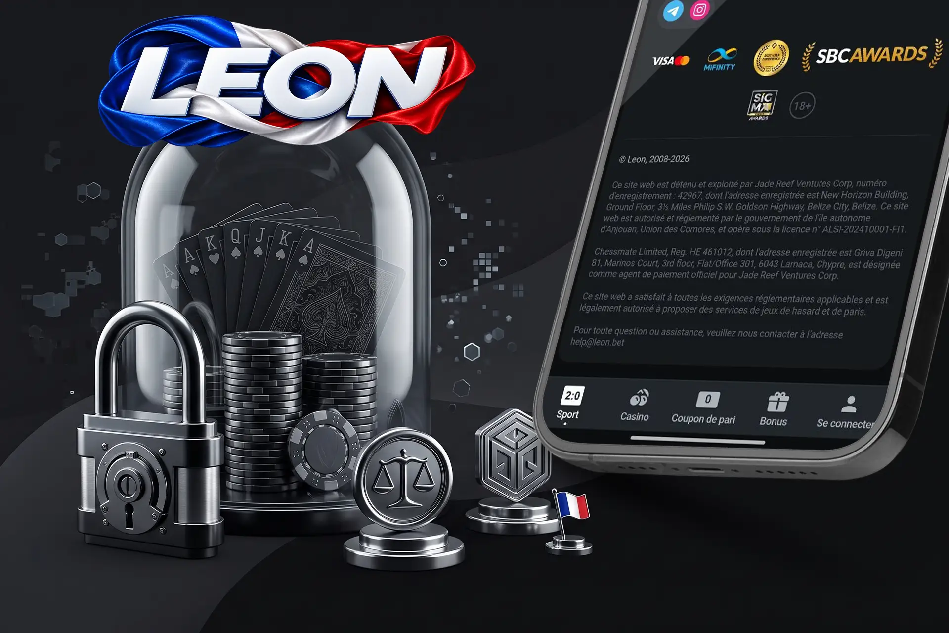 Garanties de sécurité et licence légale de la plateforme, symbolisées par un cadenas robuste, une balance de justice et des jetons sous cloche