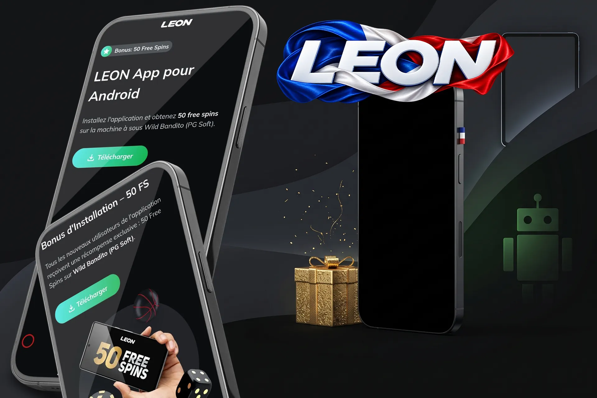 Téléchargement de l'application Android Leon Casino offrant des tours gratuits exclusifs, illustré avec un smartphone, un petit robot vert et un cadeau